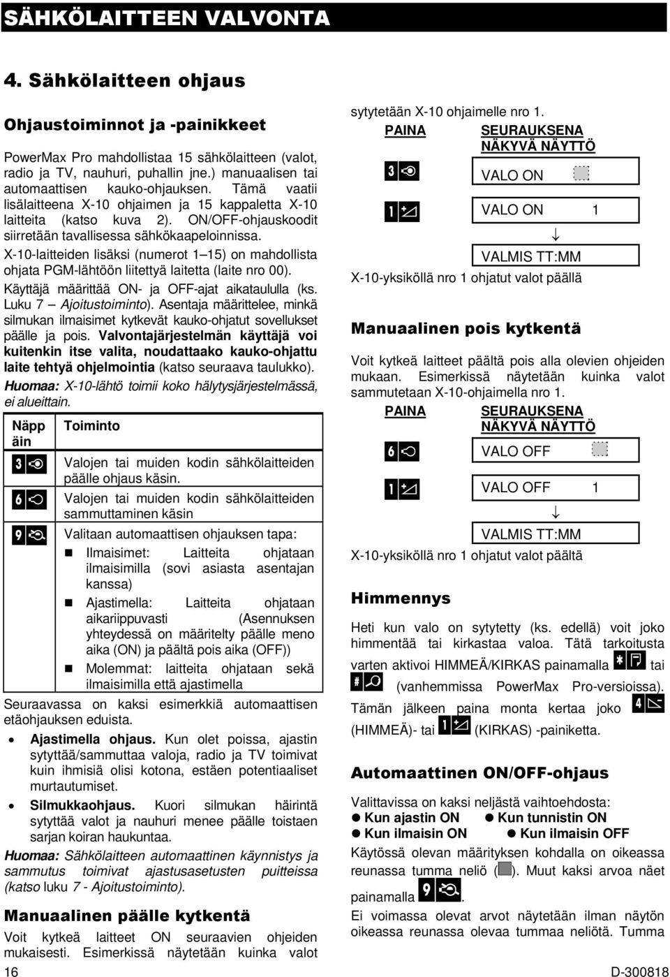 ON/OFF-ohjauskoodit siirretään tavallisessa sähkökaapeloinnissa. X-10-laitteiden lisäksi (numerot 1 15) on mahdollista ohjata PGM-lähtöön liitettyä laitetta (laite nro 00).