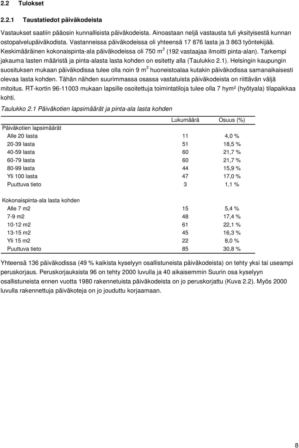 Tarkempi jakauma lasten määristä ja pinta-alasta lasta kohden on esitetty alla (Taulukko 2.1).