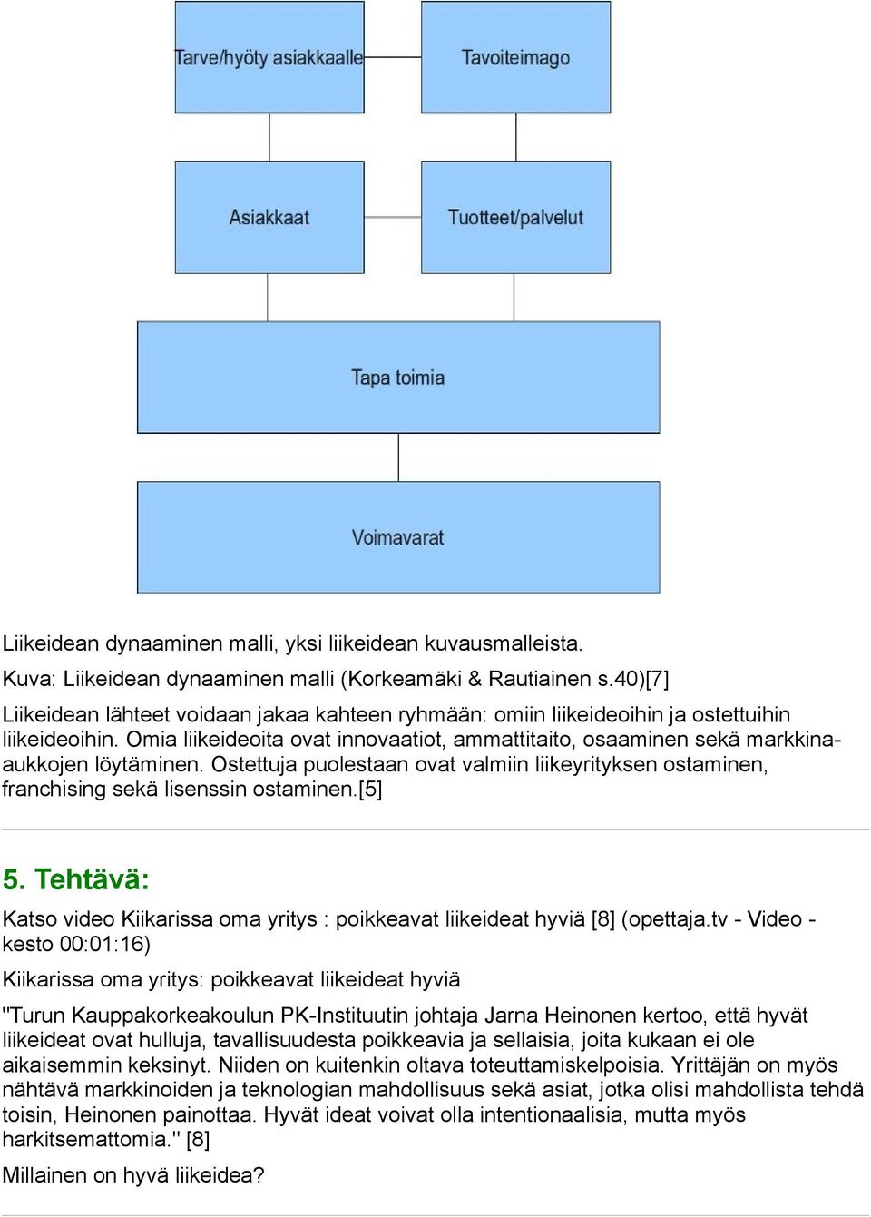 Ostettuja puolestaan ovat valmiin liikeyrityksen ostaminen, franchising sekä lisenssin ostaminen.[5] 5. Tehtävä: Katso video Kiikarissa oma yritys : poikkeavat liikeideat hyviä [8] (opettaja.