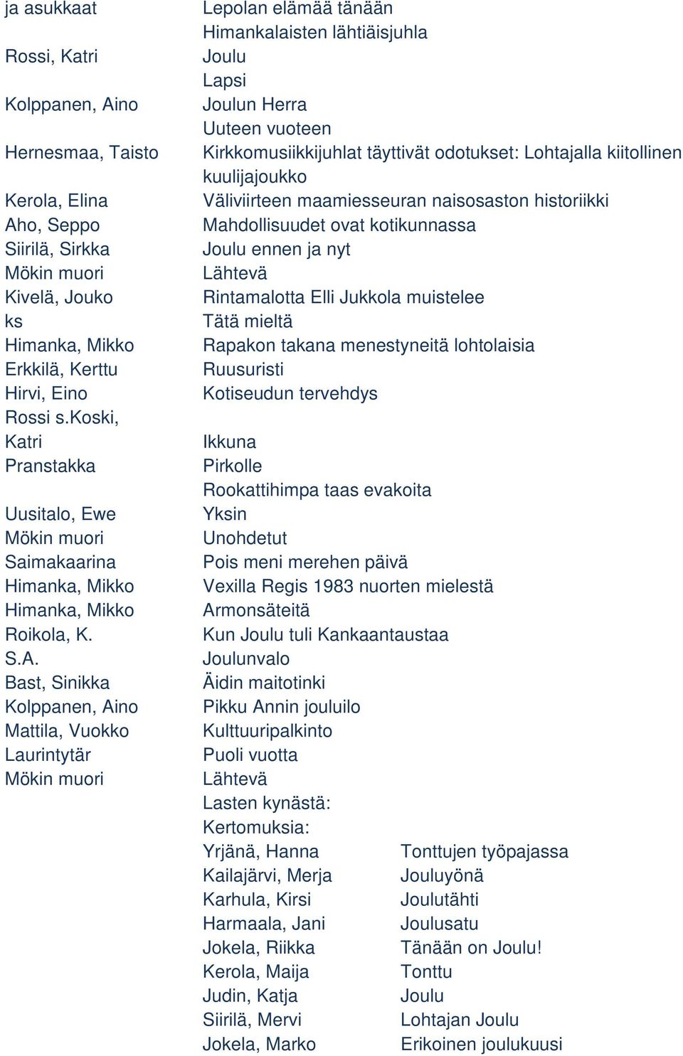 Bast, Sinikka Kolppanen, Aino Mattila, Vuokko Laurintytär Mökin muori Lepolan elämää tänään Himankalaisten lähtiäisjuhla Joulu Lapsi Joulun Herra Uuteen vuoteen Kirkkomusiikkijuhlat täyttivät