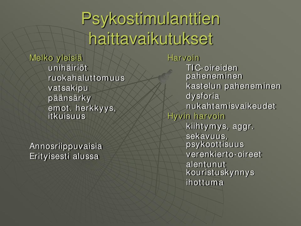 herkkyys, itkuisuus Annosriippuvaisia Erityisesti alussa Harvoin TIC-oireiden