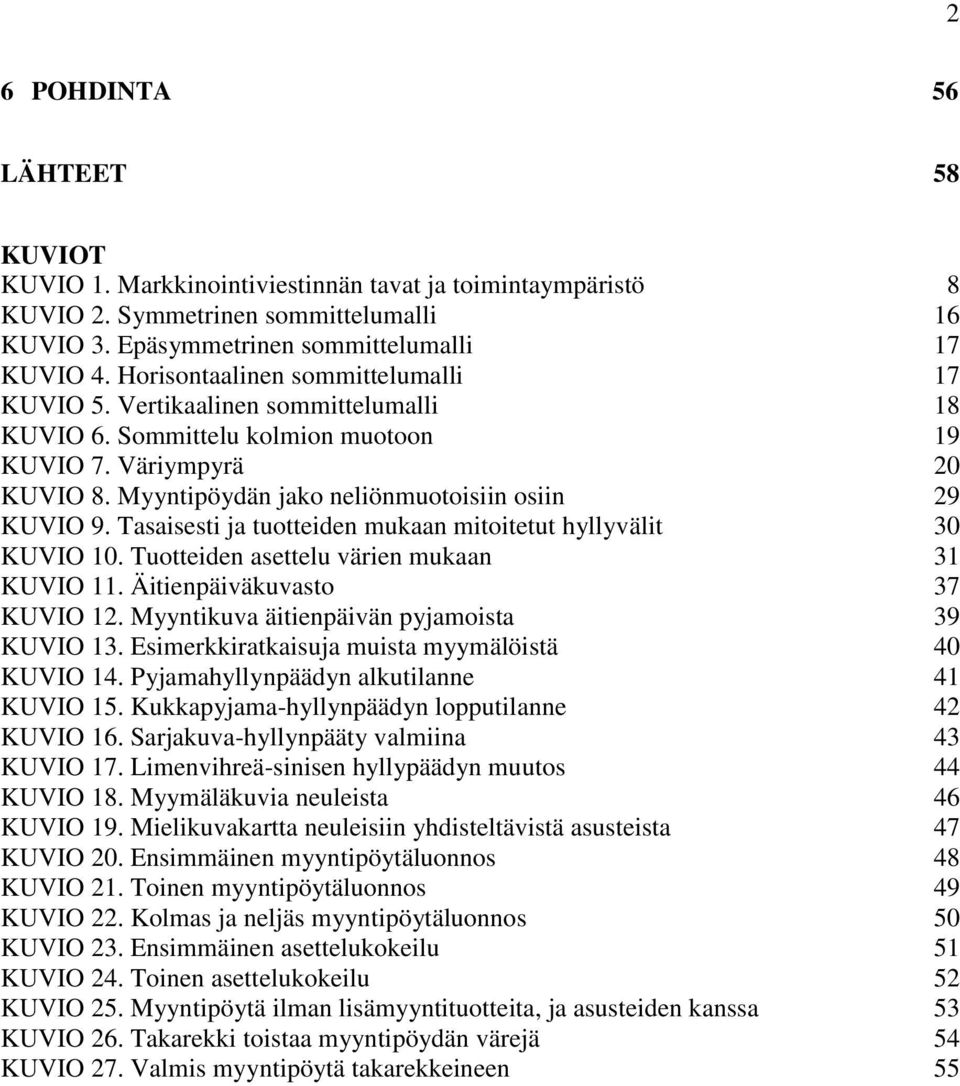 Tasaisesti ja tuotteiden mukaan mitoitetut hyllyvälit 30 KUVIO 10. Tuotteiden asettelu värien mukaan 31 KUVIO 11. Äitienpäiväkuvasto 37 KUVIO 12. Myyntikuva äitienpäivän pyjamoista 39 KUVIO 13.