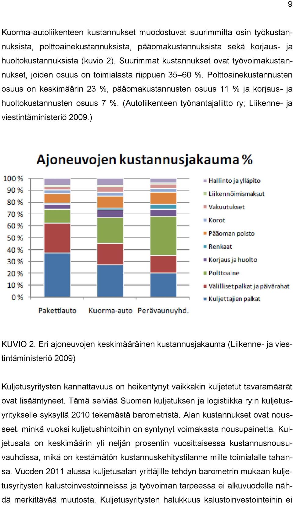 Polttoainekustannusten osuus on keskimäärin 23 %, pääomakustannusten osuus 11 % ja korjaus- ja huoltokustannusten osuus 7 %. (Autoliikenteen työnantajaliitto ry; Liikenne- ja viestintäministeriö 2009.