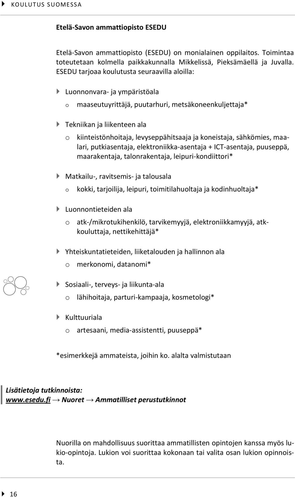 ja koneistaja, sähkömies, maalari, putkiasentaja, elektroniikka-asentaja + ICT-asentaja, puuseppä, maarakentaja, talonrakentaja, leipuri-kondiittori* Matkailu-, ravitsemis- ja talousala o kokki,