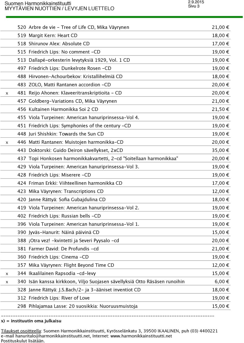 1 CD 19,00 Friedrich Lips: Dunkelrote Rosen -CD 19,00 Hirvonen-Achourbekov: Kristallihelmiä CD 18,00 ZOLO, Matti Rantanen accordion -CD 20,00 Reijo Ahonen: Klaveeritranskriptioita - CD 20,00