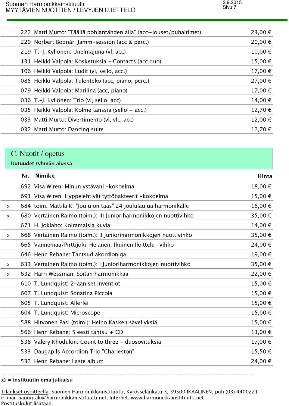 ) 27,00 Heikki Valpola: Marilina (acc, piano) 17,00 T.-J. Kyllönen: Trio (vl, sello, acc) 14,00 Heikki Valpola: Kolme tanssia (sello + acc.