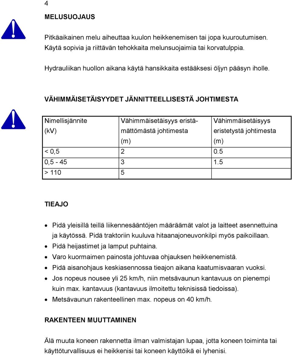 VÄHIMMÄISETÄISYYDET JÄNNITTEELLISESTÄ JOHTIMESTA Nimellisjännite (kv) Vähimmäisetäisyys eristämättömästä johtimesta (m) Vähimmäisetäisyys eristetystä johtimesta (m) < 0,5 2 0.5 0,5-45 3 1.