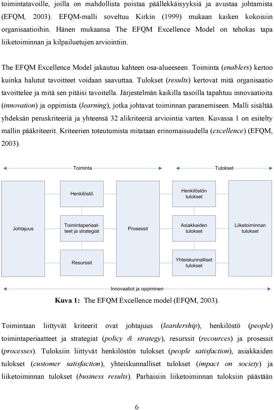 Toiminta (enablers) kertoo kuinka halutut tavoitteet voidaan saavuttaa. Tulokset (results) kertovat mitä organisaatio tavoittelee ja mitä sen pitäisi tavoitella.