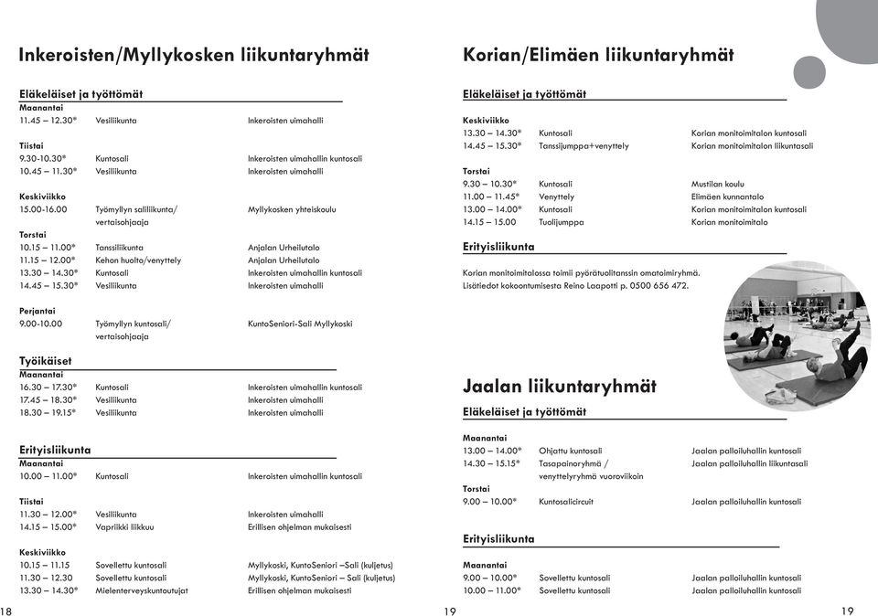 00* Kehon huolto/venyttely Anjalan Urheilutalo 13.30 14.30* Kuntosali Inkeroisten uimahallin kuntosali 14.45 15.