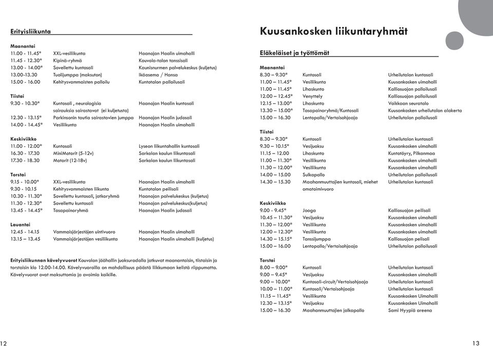 30* Kuntosali, neurologisia Haanojan Haalin kuntosali sairauksia sairastavat (ei kuljetusta) 12.30-13.15* Parkinsonin tautia sairastavien jumppa Haanojan Haalin judosali 14.00-14.