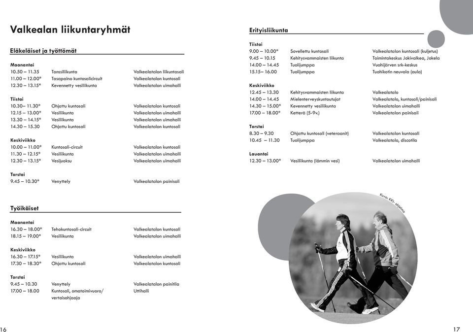 15* Vesiliikunta Valkealatalon uimahalli 14.30 15.30 Ohjattu kuntosali Valkealatalon kuntosali 10.00 11.00* Kuntosali-circuit Valkealatalon kuntosali 11.30 12.