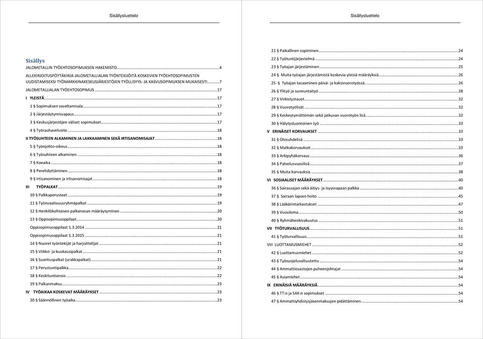 .. 7 JALOMETALLIALAN TYÖEHTOSOPIMUS... 17 I YLEISTÄ... 17 1 Sopimuksen soveltamisala... 17 2 Järjestäytymisvapaus... 17 3 Keskusjärjestöjen väliset sopimukset... 17 4 Työrauhavelvoite.