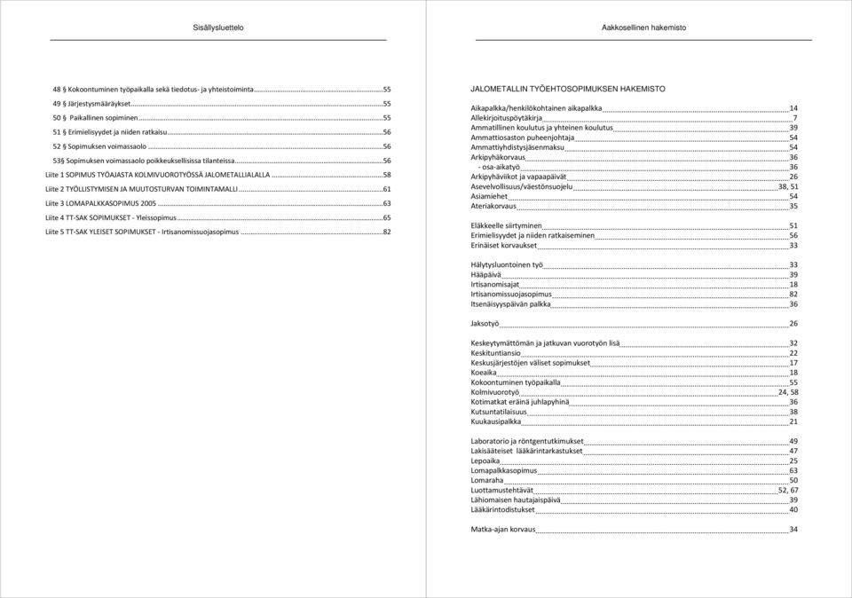 .. 56 Liite 1 SOPIMUS TYÖAJASTA KOLMIVUOROTYÖSSÄ JALOMETALLIALALLA... 58 Liite 2 TYÖLLISTYMISEN JA MUUTOSTURVAN TOIMINTAMALLI... 61 Liite 3 LOMAPALKKASOPIMUS 2005.