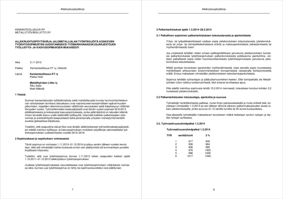 2013 Paikka Kemianteollisuus KT ry, Helsinki Läsnä Kemianteollisuus KT ry Pekka Hotti 1 Yleistä Metallityöväen Liitto ry Riku Aalto Matti Mäkelä Suomen kansantalouden työllistämiskyky sekä