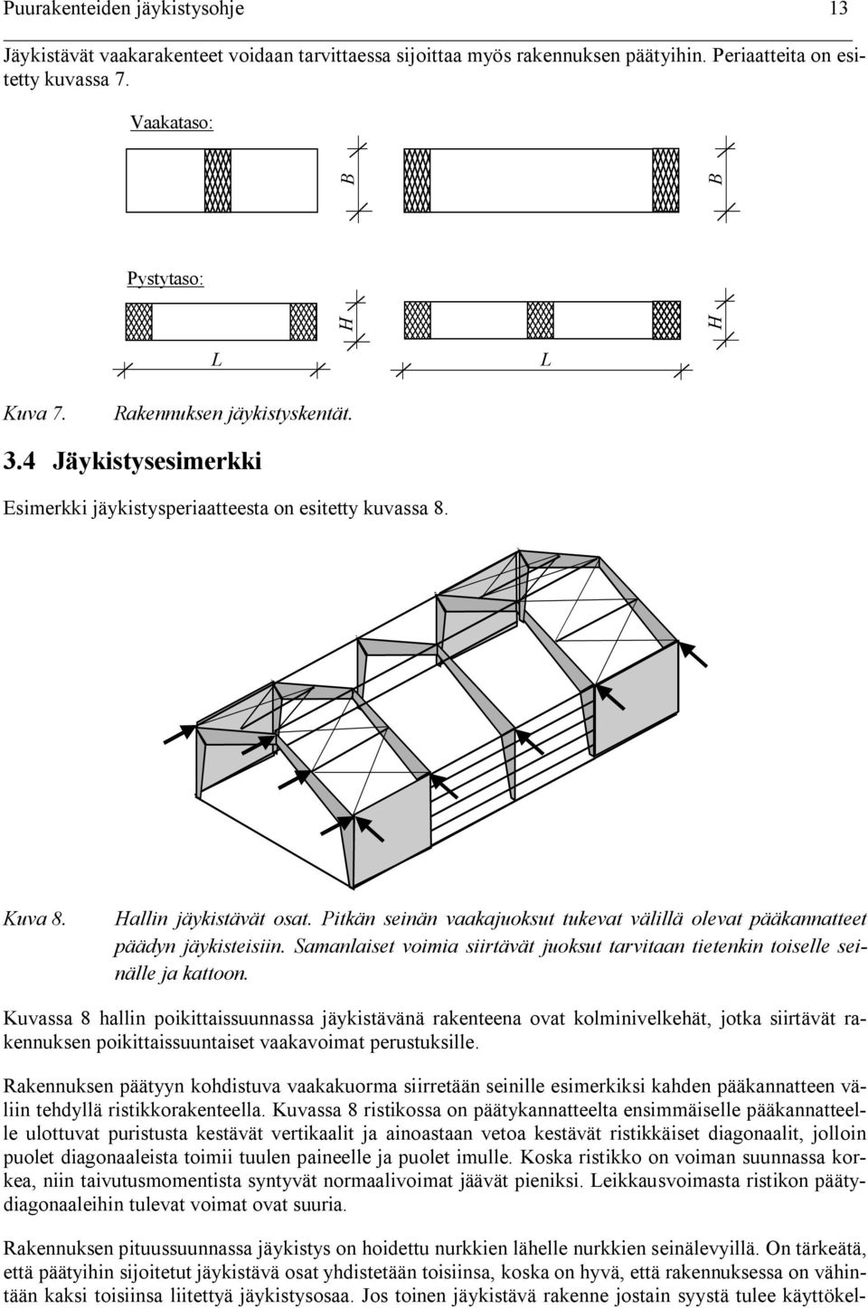 Pitkän seinän vaakajuoksut tukevat välillä olevat pääkannatteet pääyn jäykisteisiin. Samanlaiset voimia siirtävät juoksut tarvitaan tietenkin toiselle seinälle ja kattoon.