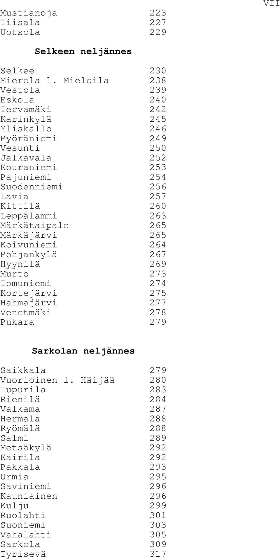 Kittilä 260 Leppälammi 263 Märkätaipale 265 Märkäjärvi 265 Koivuniemi 264 Pohjankylä 267 Hyynilä 269 Murto 273 Tomuniemi 274 Kortejärvi 275 Hahmajärvi 277 Venetmäki 278 Pukara