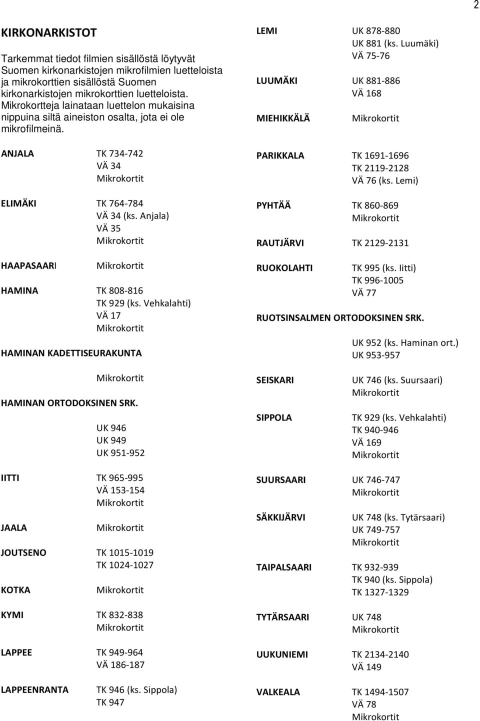 Anjala) VÄ 35 HAAPASAARI HAMINA TK 808-816 TK 929 (ks. Vehkalahti) VÄ 17 HAMINAN KADETTISEURAKUNTA LEMI UK 878-880 UK 881 (ks.