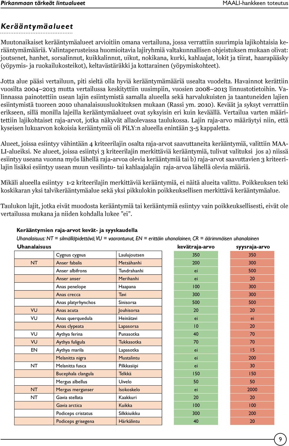 (yöpymis- ja ruokailukosteikot), keltavästäräkki ja kottarainen (yöpymiskohteet). Jotta alue pääsi vertailuun, piti sieltä olla hyviä kerääntymämääriä usealta vuodelta.