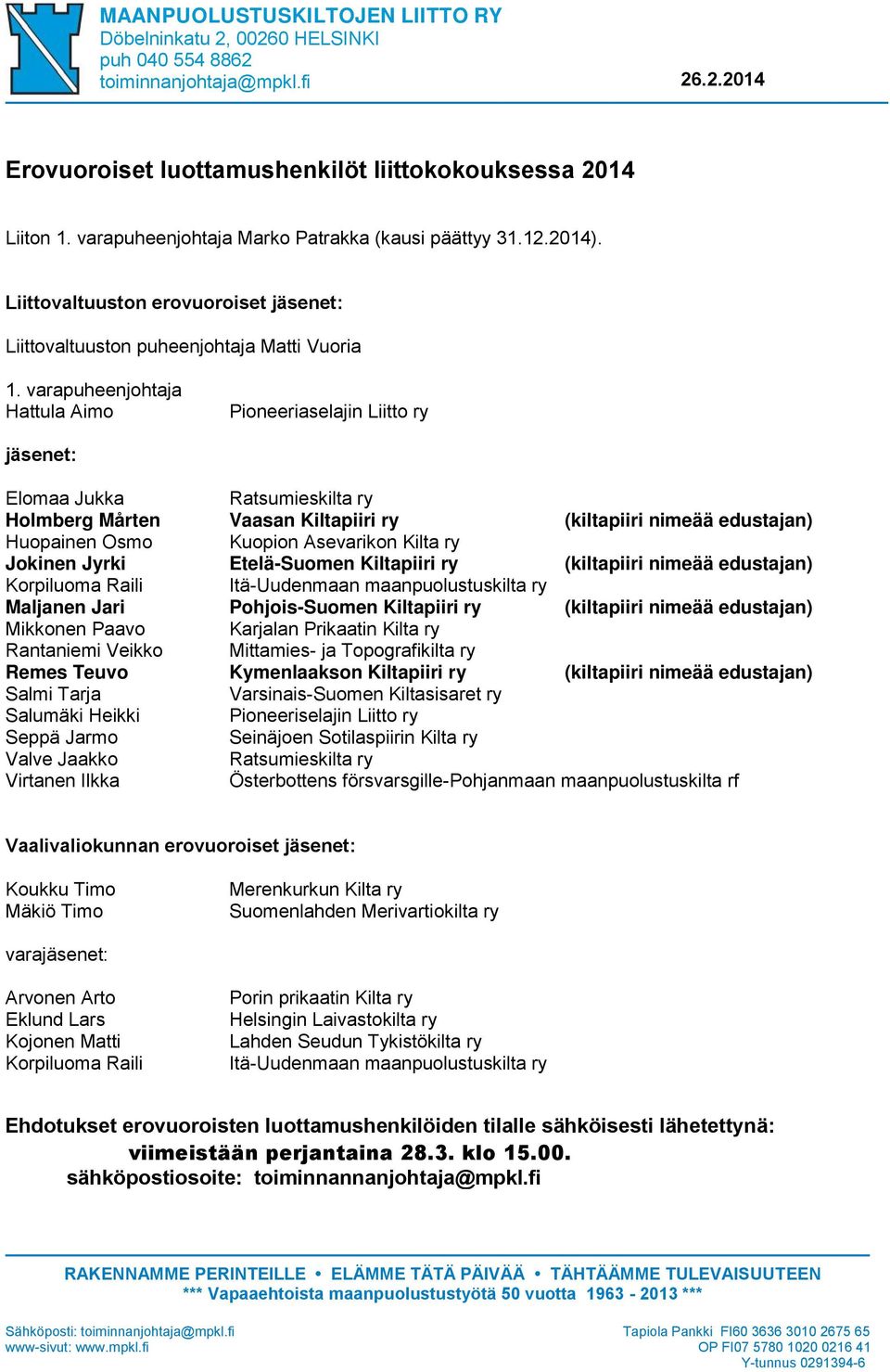 varapuheenjohtaja Hattula Aimo Pioneeriaselajin Liitto ry jäsenet: Elomaa Jukka Ratsumieskilta ry Holmberg Mårten Vaasan Kiltapiiri ry (kiltapiiri nimeää edustajan) Huopainen Osmo Kuopion Asevarikon