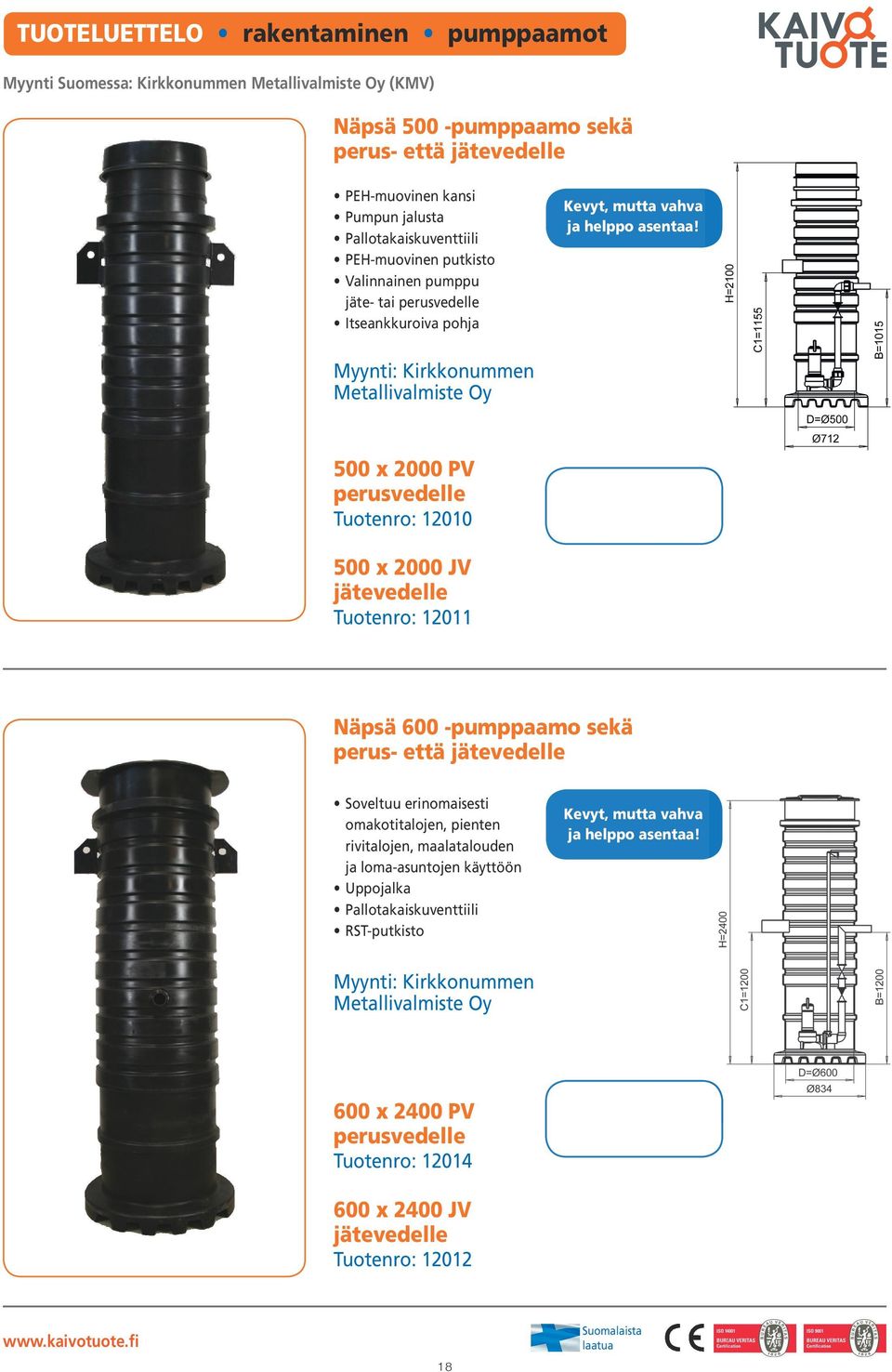 Myynti: Kirkkonummen Metallivalmiste Oy 500 x 2000 PV perusvedelle Tuotenro: 12010 500 x 2000 JV jätevedelle Tuotenro: 12011 Näpsä 600 -pumppaamo sekä perus- että jätevedelle Soveltuu erinomaisesti