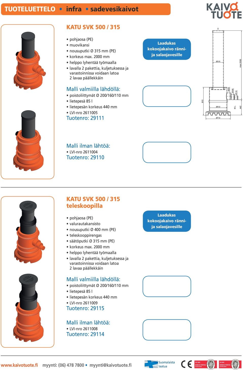 lähdöllä: poistoliittymät Ø 200/160/110 mm lietepesä 85 l lietepesän korkeus 440 mm LVI-nro 2611005 Tuotenro: 29111 810 Ø512 Ø712 Ø200 Ø160 85 L Ø110 442 Malli ilman lähtöä: LVI-nro 2611004 Tuotenro: