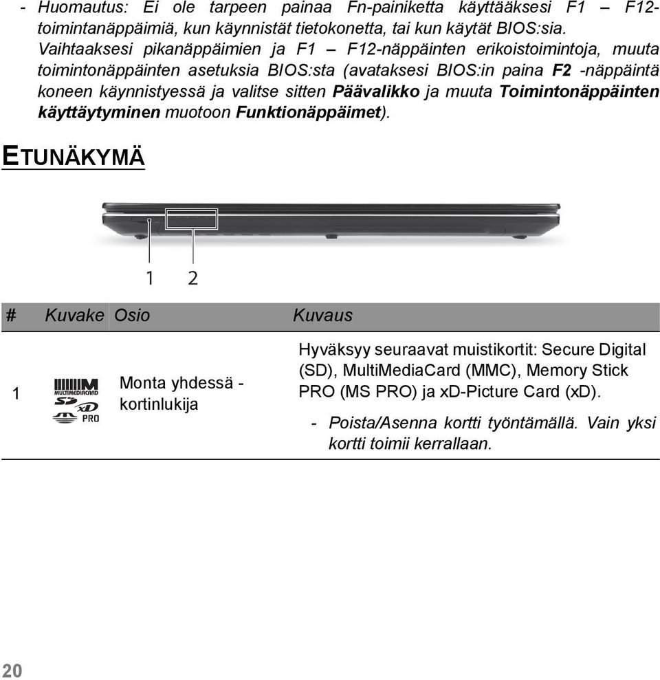 käynnistyessä ja valitse sitten Päävalikko ja muuta Toimintonäppäinten käyttäytyminen muotoon Funktionäppäimet).