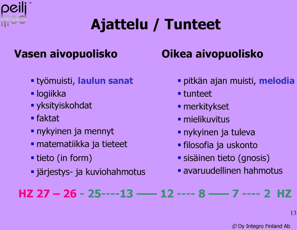 kuviohahmotus pitkän ajan muisti, melodia tunteet merkitykset mielikuvitus nykyinen ja tuleva