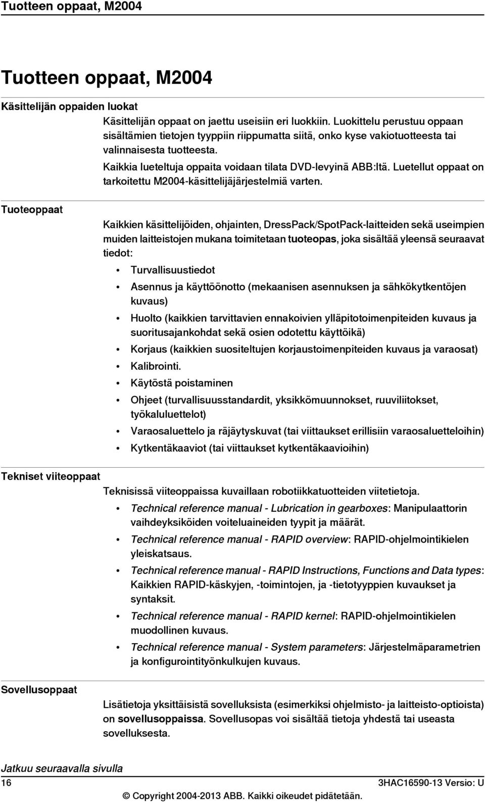 Luetellut oppaat on tarkoitettu M2004-käsittelijäjärjestelmiä varten.