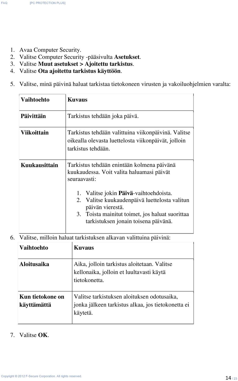 Tarkistus tehdään valittuina viikonpäivinä. Valitse oikealla olevasta luettelosta viikonpäivät, jolloin tarkistus tehdään. Tarkistus tehdään enintään kolmena päivänä kuukaudessa.