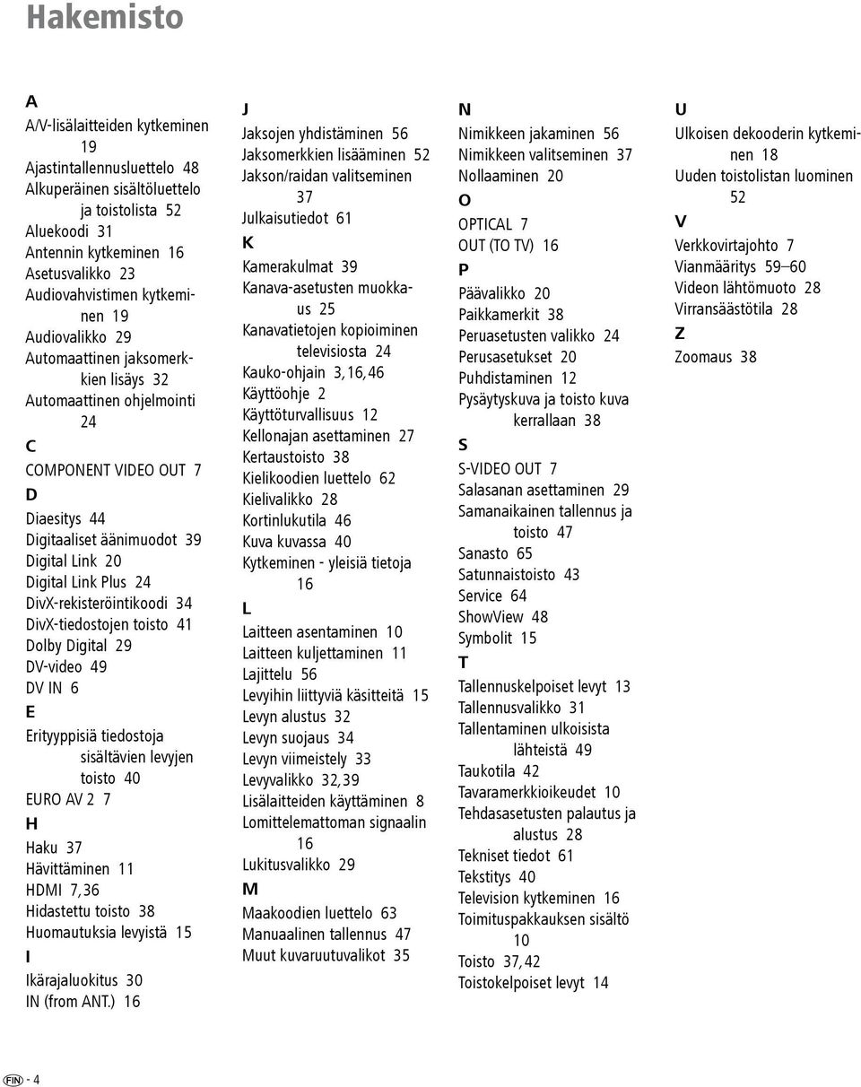 DivX-rekisteröintikoodi 34 DivX-tiedostojen toisto 41 Dolby Digital 29 DV-video 49 DV IN 6 E Erityyppisiä tiedostoja sisältävien levyjen toisto 40 EURO AV 2 7 H Haku 37 Hävittäminen 11 HDMI 7,36