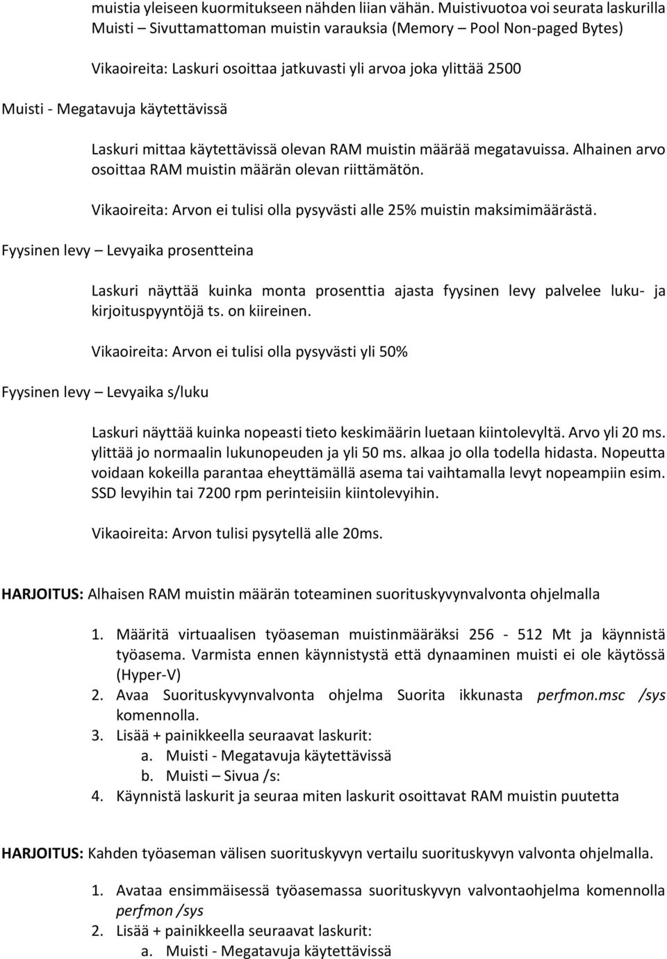 käytettävissä Laskuri mittaa käytettävissä olevan RAM muistin määrää megatavuissa. Alhainen arvo osoittaa RAM muistin määrän olevan riittämätön.