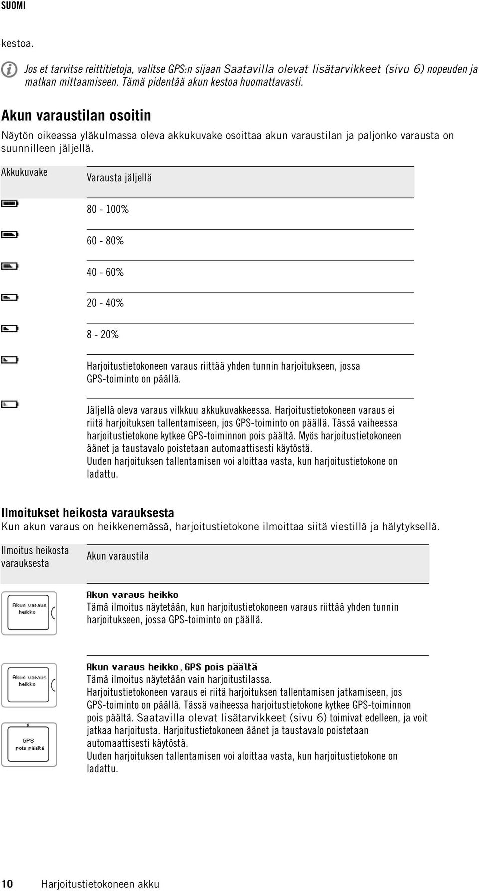 Akkukuvake Varausta jäljellä 80-100% 60-80% 40-60% 20-40% 8-20% Harjoitustietokoneen varaus riittää yhden tunnin harjoitukseen, jossa GPS-toiminto on päällä.