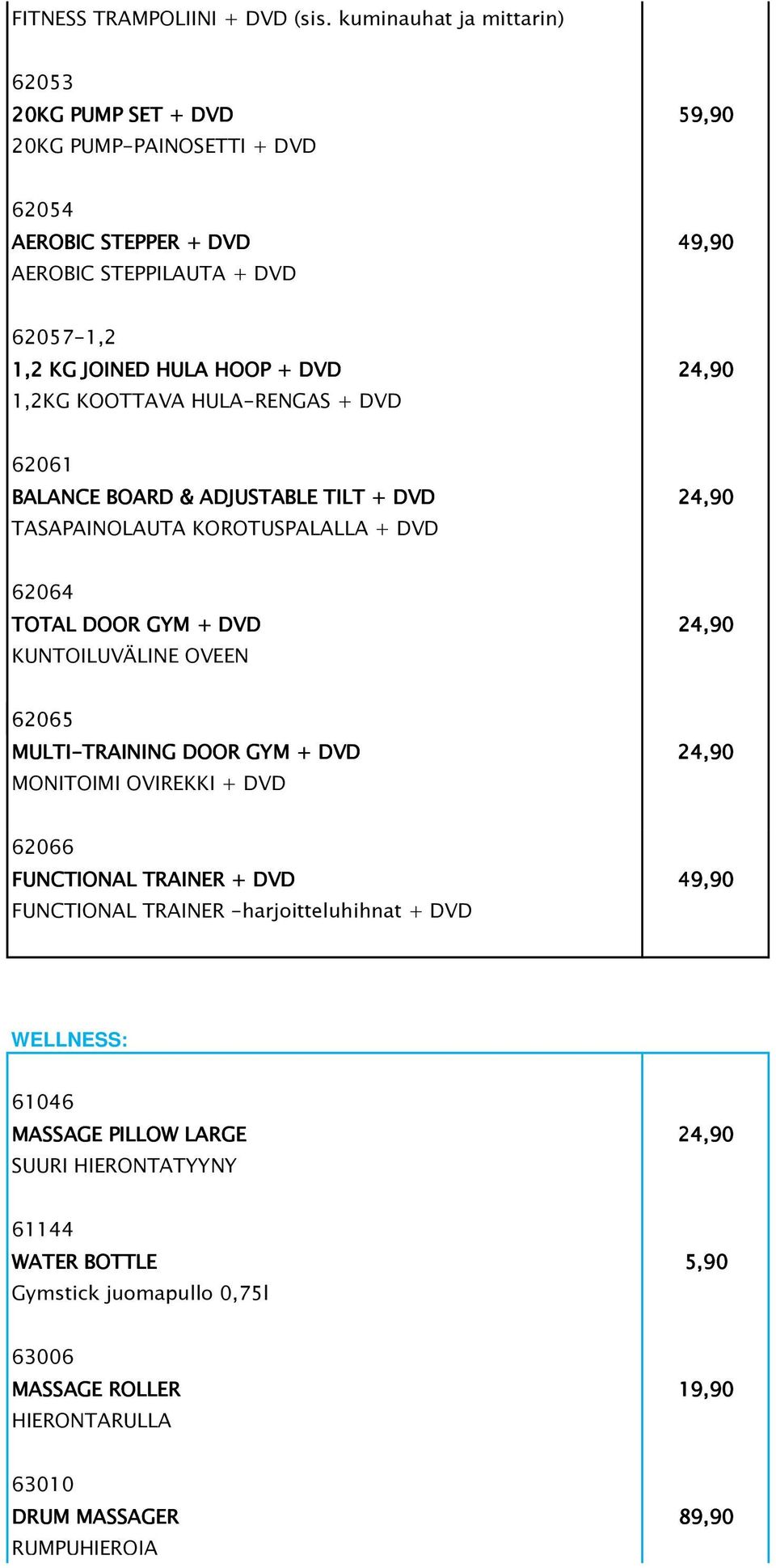 24,90 1,2KG KOOTTAVA HULA-RENGAS + DVD 62061 BALANCE BOARD & ADJUSTABLE TILT + DVD 24,90 TASAPAINOLAUTA KOROTUSPALALLA + DVD 62064 TOTAL DOOR GYM + DVD 24,90 KUNTOILUVÄLINE OVEEN