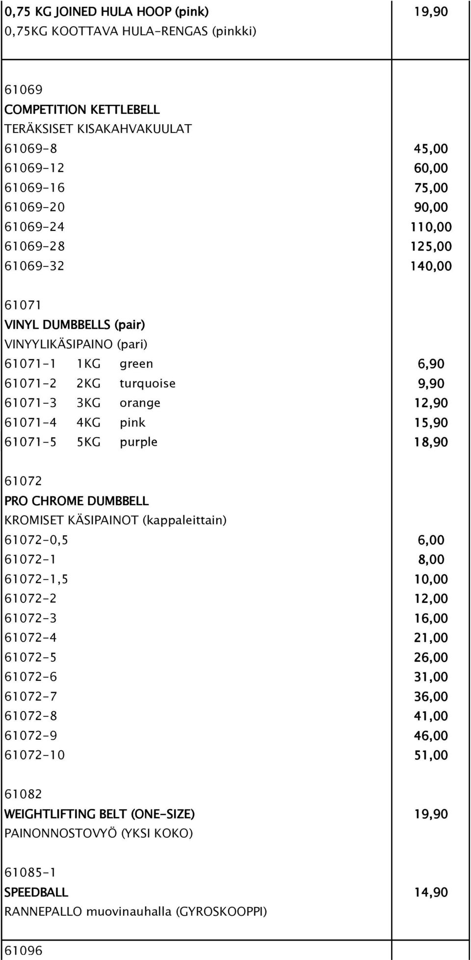 15,90 61071-5 5KG purple 18,90 61072 PRO CHROME DUMBBELL KROMISET KÄSIPAINOT (kappaleittain) 61072-0,5 6,00 61072-1 8,00 61072-1,5 10,00 61072-2 12,00 61072-3 16,00 61072-4 21,00 61072-5 26,00