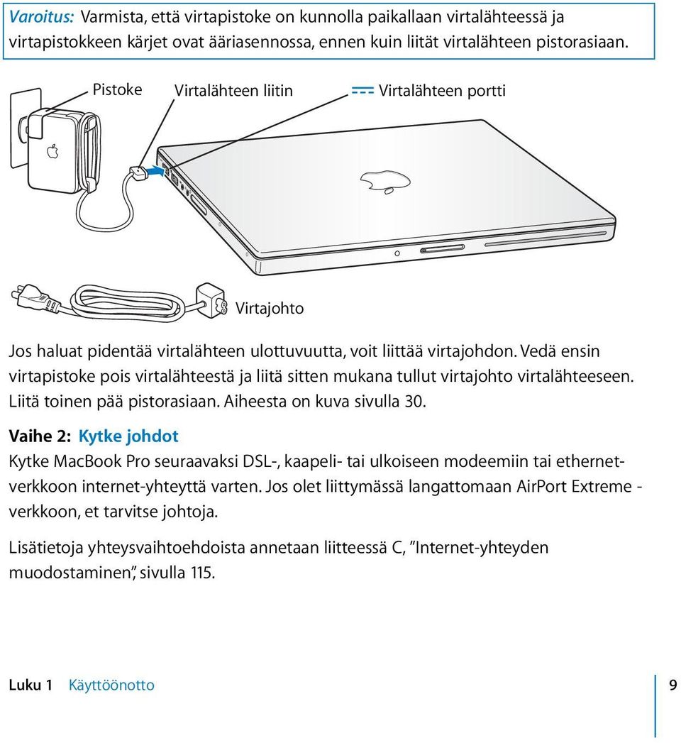 Vedä ensin virtapistoke pois virtalähteestä ja liitä sitten mukana tullut virtajohto virtalähteeseen. Liitä toinen pää pistorasiaan. Aiheesta on kuva sivulla 30.