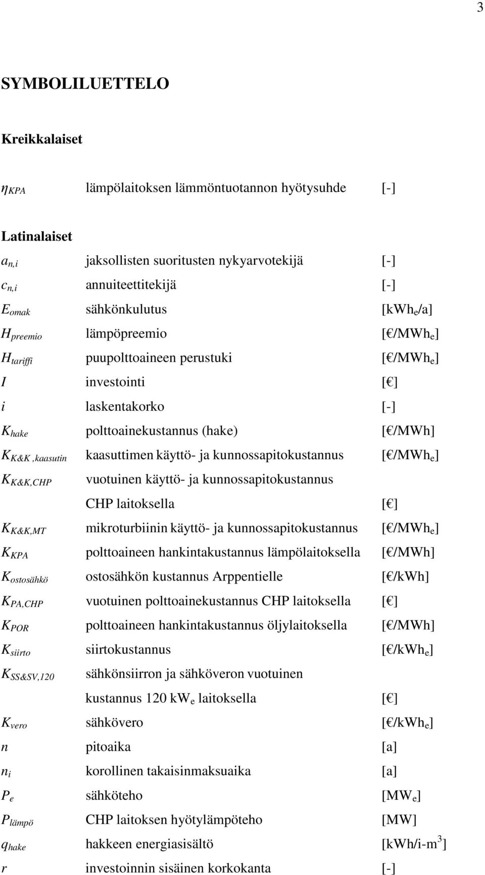 käyttö- ja kunnossapitokustannus [ /MWh e ] K K&K,CHP vuotuinen käyttö- ja kunnossapitokustannus CHP laitoksella [ ] K K&K,MT mikroturbiinin käyttö- ja kunnossapitokustannus [ /MWh e ] K KPA