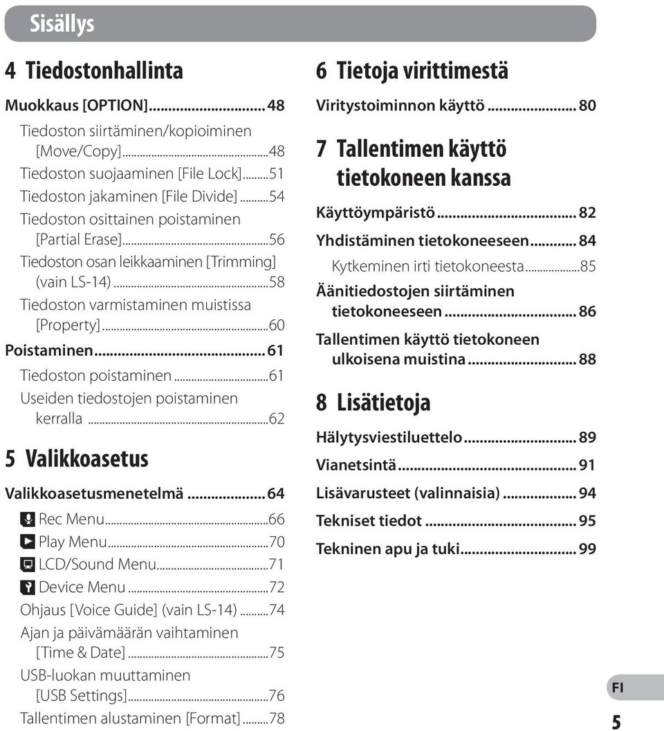 .. 6 Tiedoston poistaminen...6 Useiden tiedostojen poistaminen kerralla...6 5 Valikkoasetus Valikkoasetusmenetelmä... 64, Rec Menu...66 - Play Menu...70. LCD/Sound Menu...7 / Device Menu.