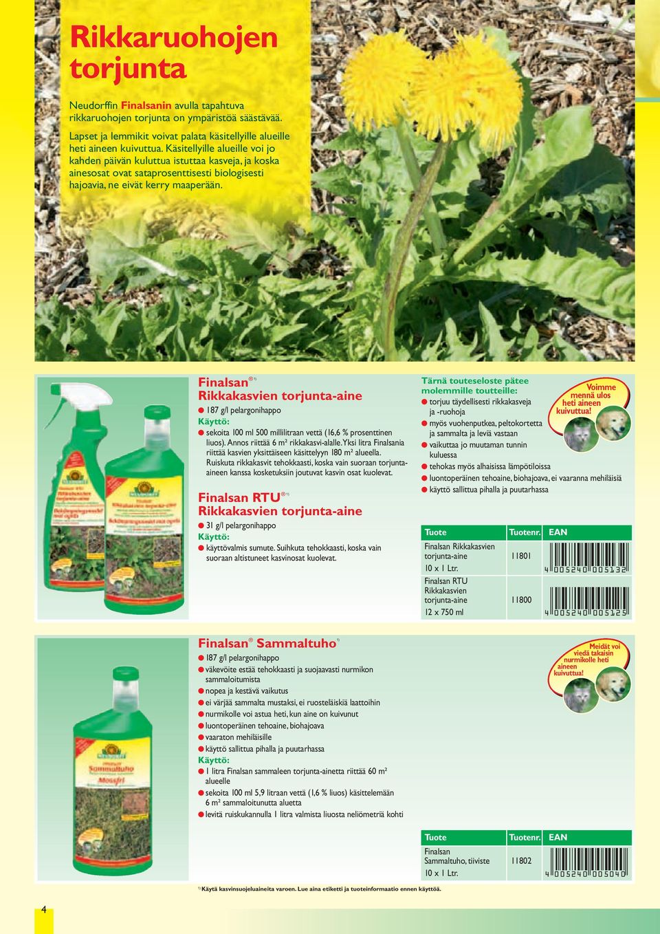 Finalsan 1) Rikkakasvien torjunta-aine 187 g/l pelargonihappo sekoita 100 ml 500 millilitraan vettä (16,6 % prosenttinen liuos). Annos riittää 6 m² rikkakasvi-alalle.