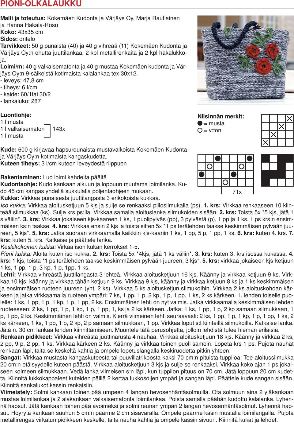 - leveys: 47,8 cm - tiheys: 6 l/cm - kaide: 60/1tai 30/2 - lankaluku: 287 Luontiohje: 1 l musta 1 l valkaisematon 143x 1 l musta Niisinnän merkit: = musta = v:ton Kude: 600 g kirjavaa hapsureunaista