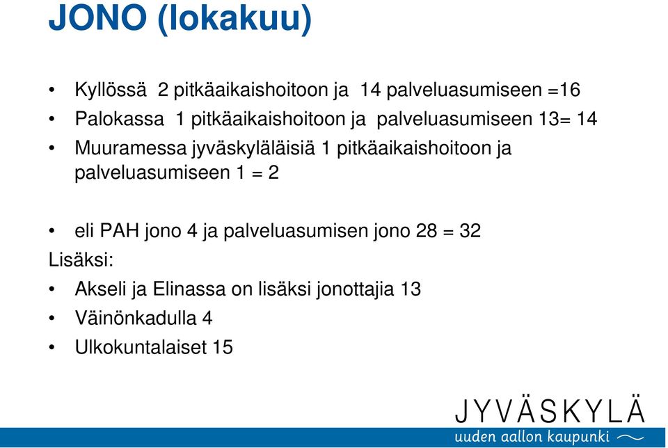 pitkäaikaishoitoon ja palveluasumiseen 1 = 2 eli PAH jono 4 ja palveluasumisen jono