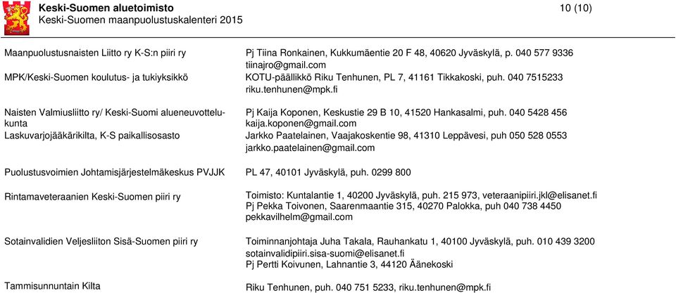 fi Naisten Valmiusliitto ry/ Keski-Suomi alueneuvottelukunta kaija.koponen@gmail.com Pj Kaija Koponen, Keskustie 29 B 10, 41520 Hankasalmi, puh.