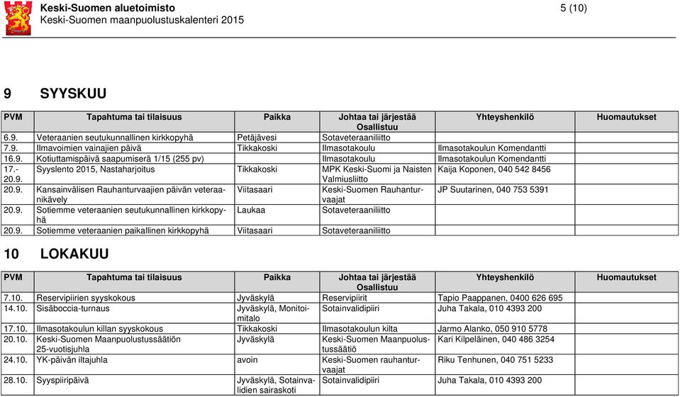 9. Kansainvälisen Rauhanturvaajien päivän veteraanikävelvaajat Viitasaari Keski-Suomen Rauhantur- JP Suutarinen, 040 753 5391 20.9. Sotiemme veteraanien seutukunnallinen kirkkopyhä Laukaa Sotaveteraaniliitto 20.