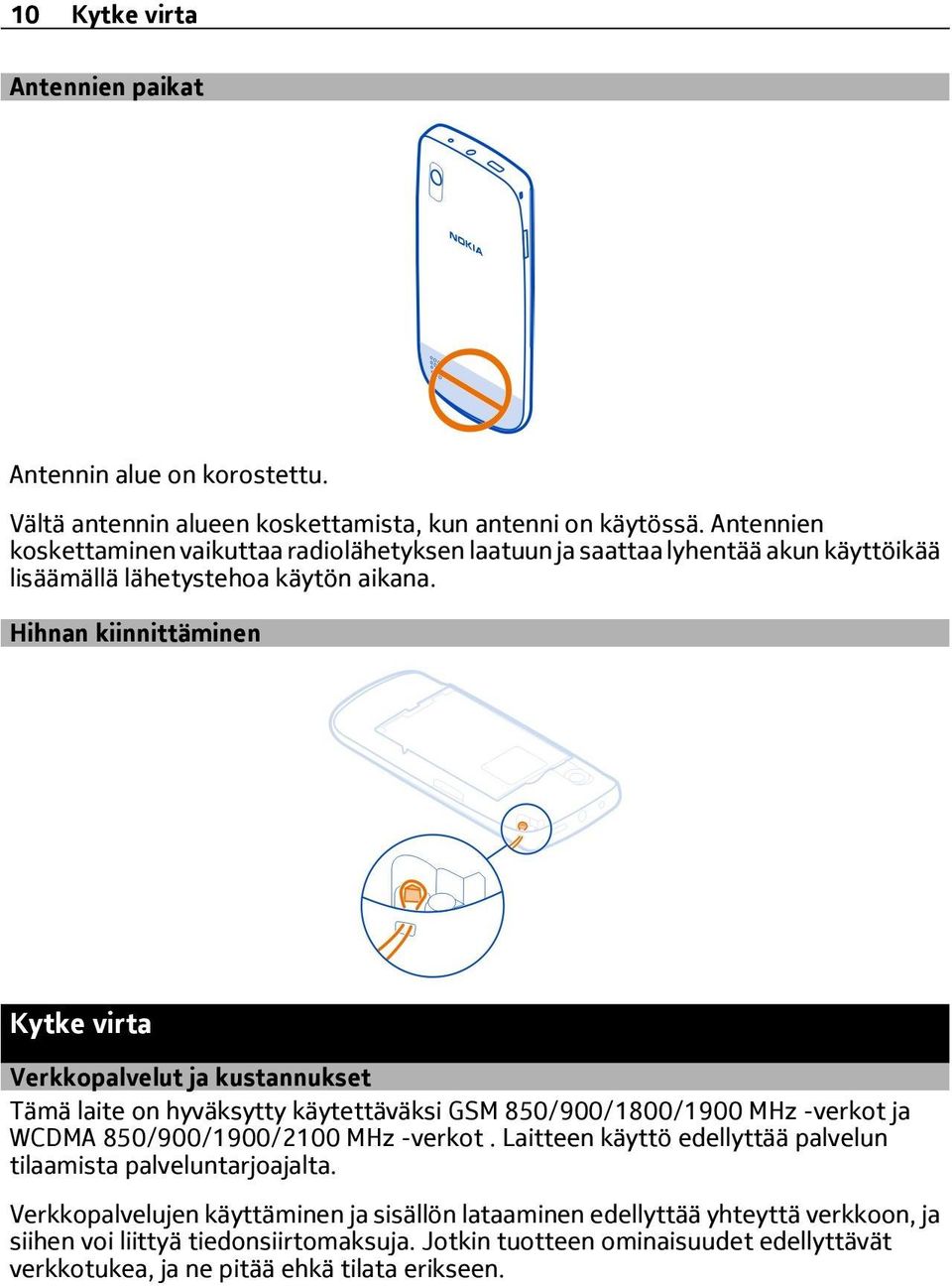 Hihnan kiinnittäminen Kytke virta Verkkopalvelut ja kustannukset Tämä laite on hyväksytty käytettäväksi GSM 850/900/1800/1900 MHz -verkot ja WCDMA 850/900/1900/2100 MHz -verkot.