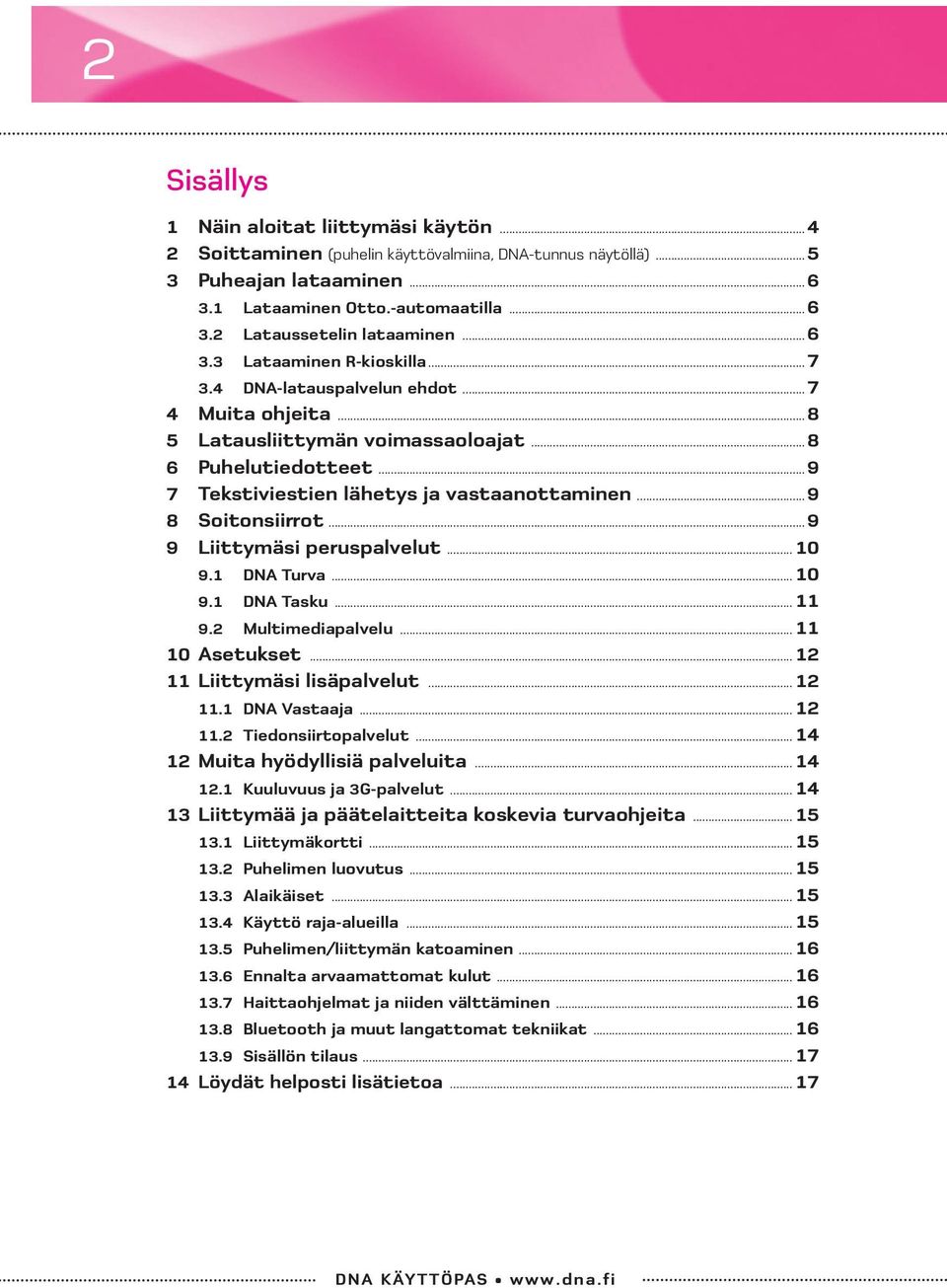 ..9 8 Soitonsiirrot...9 9 Liittymäsi peruspalvelut... 10 9.1 DNA Turva... 10 9.1 DNA Tasku... 11 9.2 Multimediapalvelu... 11 10 Asetukset... 12 11 Liittymäsi lisäpalvelut... 12 11.1 DNA Vastaaja.