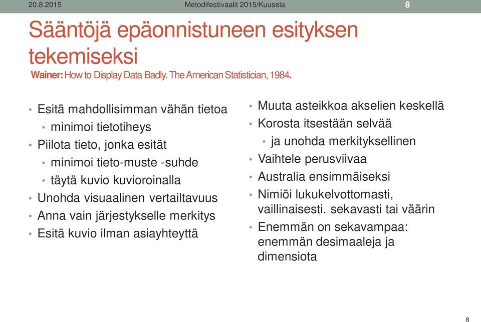 vertailtavuus Anna vain järjestykselle merkitys Esitä kuvio ilman asiayhteyttä Muuta asteikkoa akselien keskellä Korosta itsestään selvää ja unohda