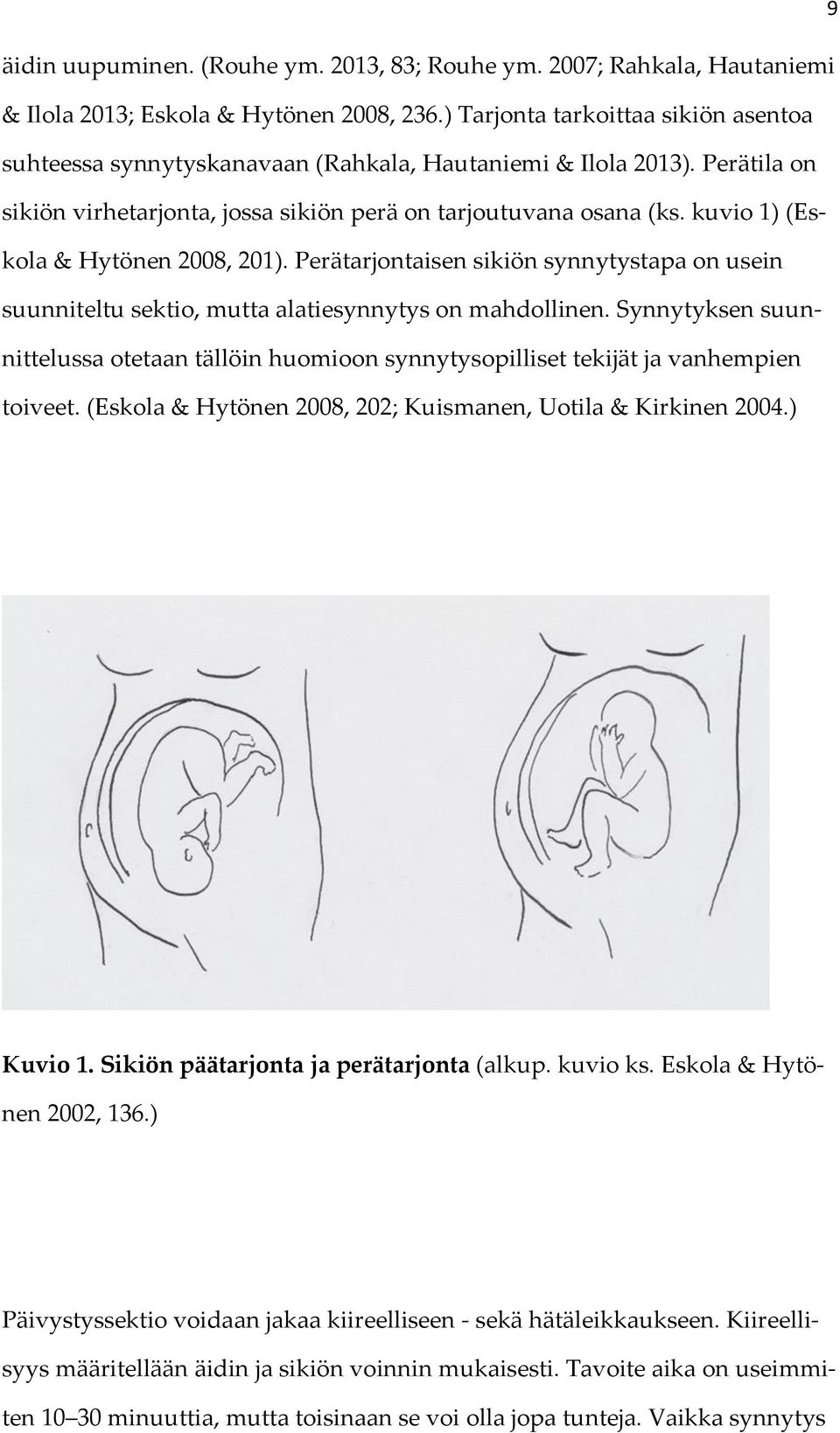 kuvio 1) (Eskola & Hytönen 2008, 201). Perätarjontaisen sikiön synnytystapa on usein suunniteltu sektio, mutta alatiesynnytys on mahdollinen.