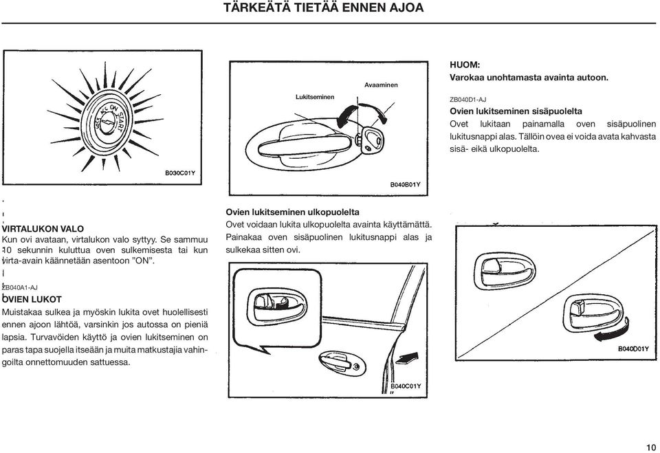 Se sammuu 10 sekunnin kuluttua oven sulkemisesta tai kun virta-avain käännetään asentoon ON. Ovien lukitseminen ulkopuolelta Ovet voidaan lukita ulkopuolelta avainta käyttämättä.