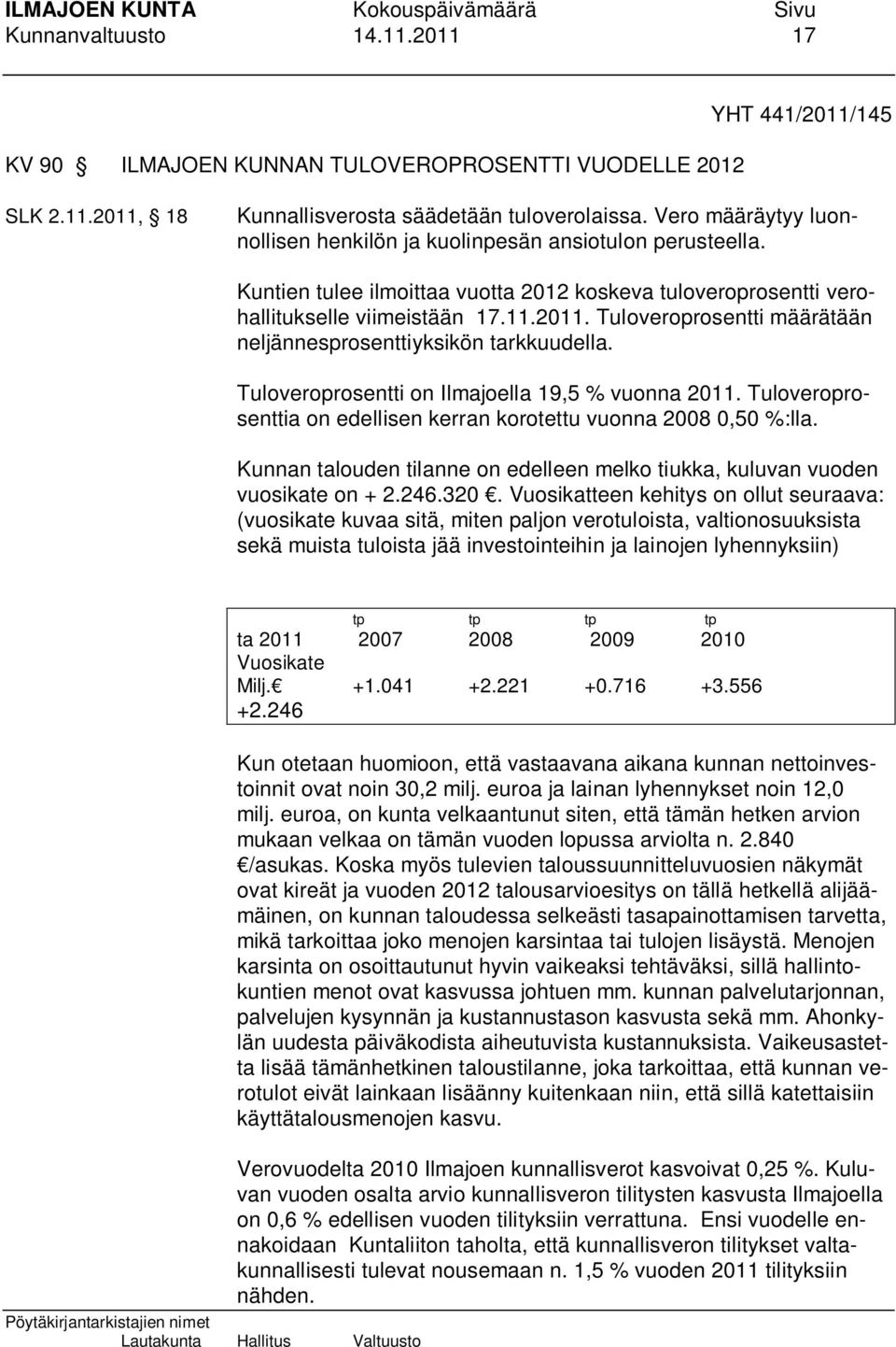 Tuloveroprosentti määrätään neljännesprosenttiyksikön tarkkuudella. Tuloveroprosentti on Ilmajoella 19,5 % vuonna 2011. Tuloveroprosenttia on edellisen kerran korotettu vuonna 2008 0,50 %:lla.