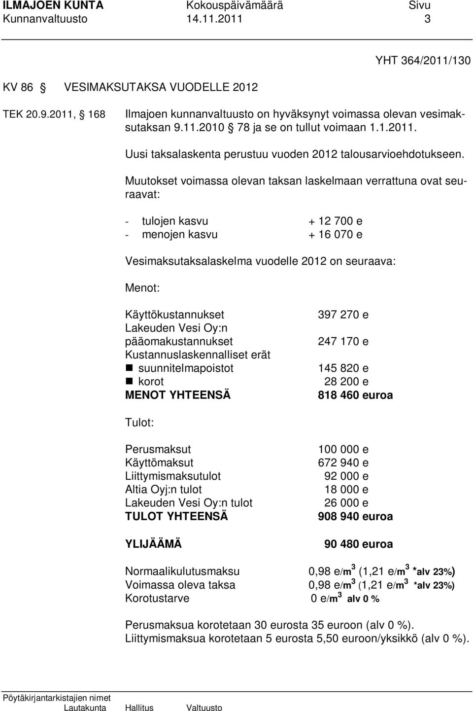 Muutokset voimassa olevan taksan laskelmaan verrattuna ovat seuraavat: - tulojen kasvu + 12 700 e - menojen kasvu + 16 070 e Vesimaksutaksalaskelma vuodelle 2012 on seuraava: Menot: