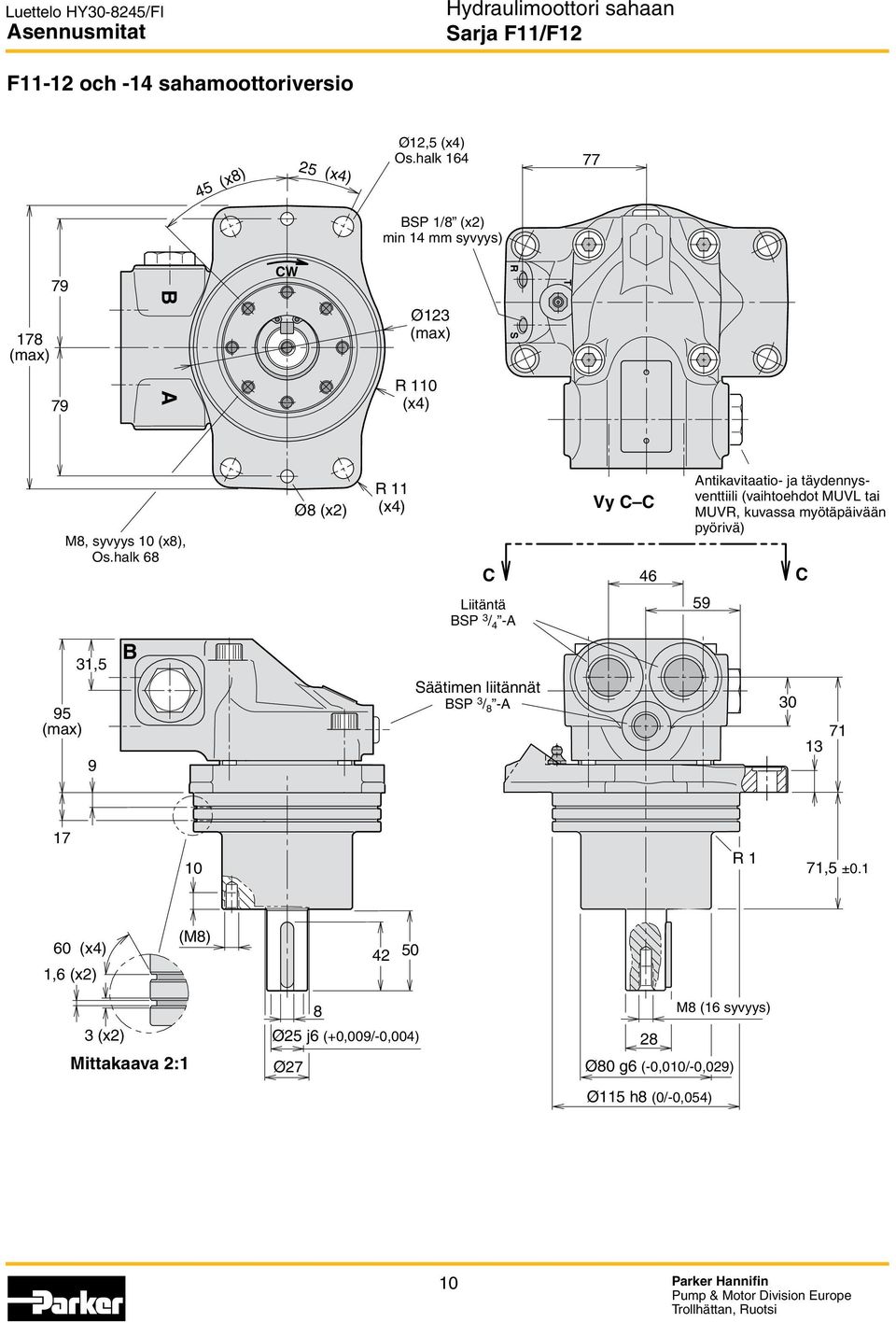halk 68 Ø8 (x2) R 11 (x4) C Vy C C 46 Antikavitaatio- ja täydennysventtiili (vaihtoehdot MUVL tai MUVR, kuvassa myötäpäivään pyörivä) C